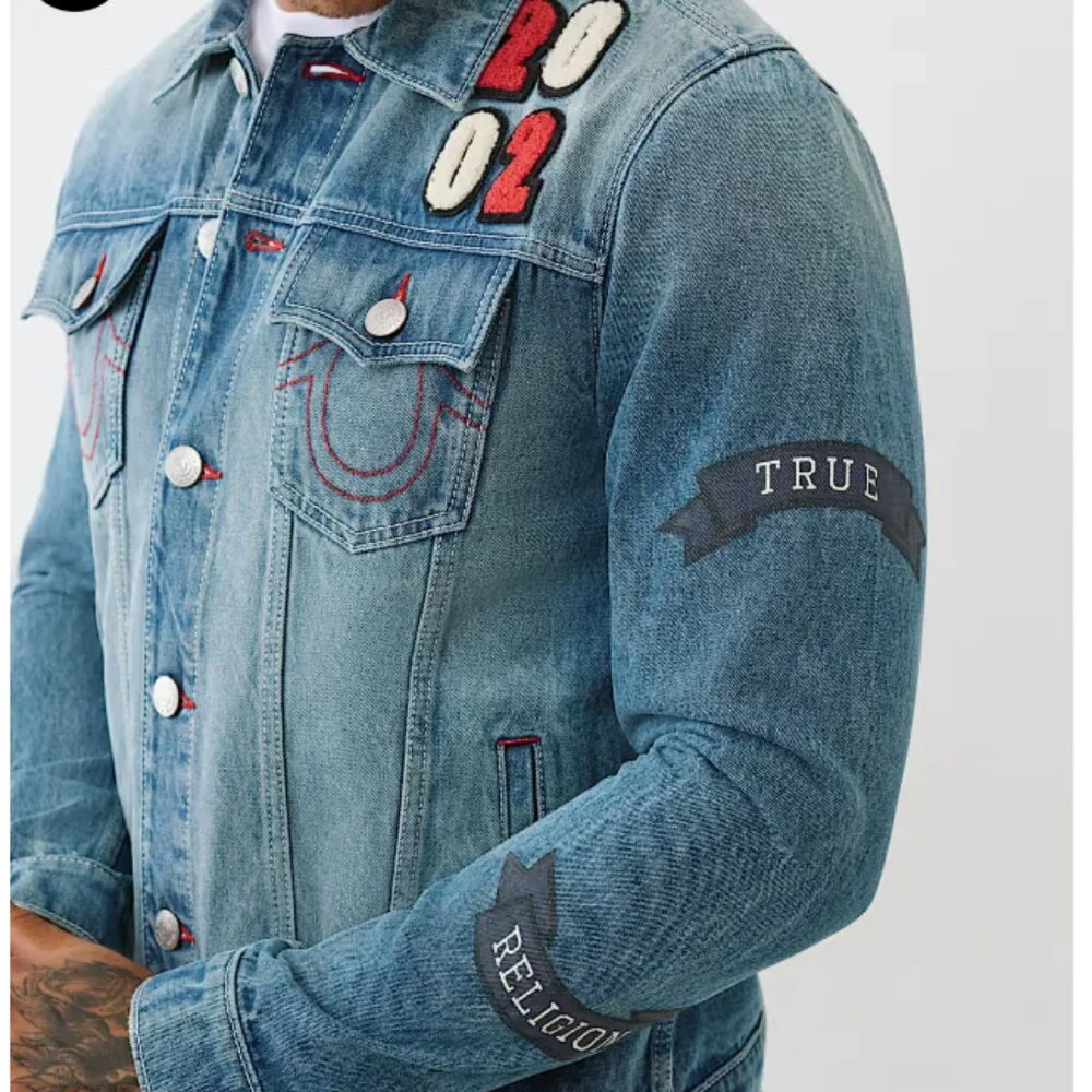 NWT Vintage inspired True Religion Denim Jacket Y2K 2002 Patches Medium Wash L